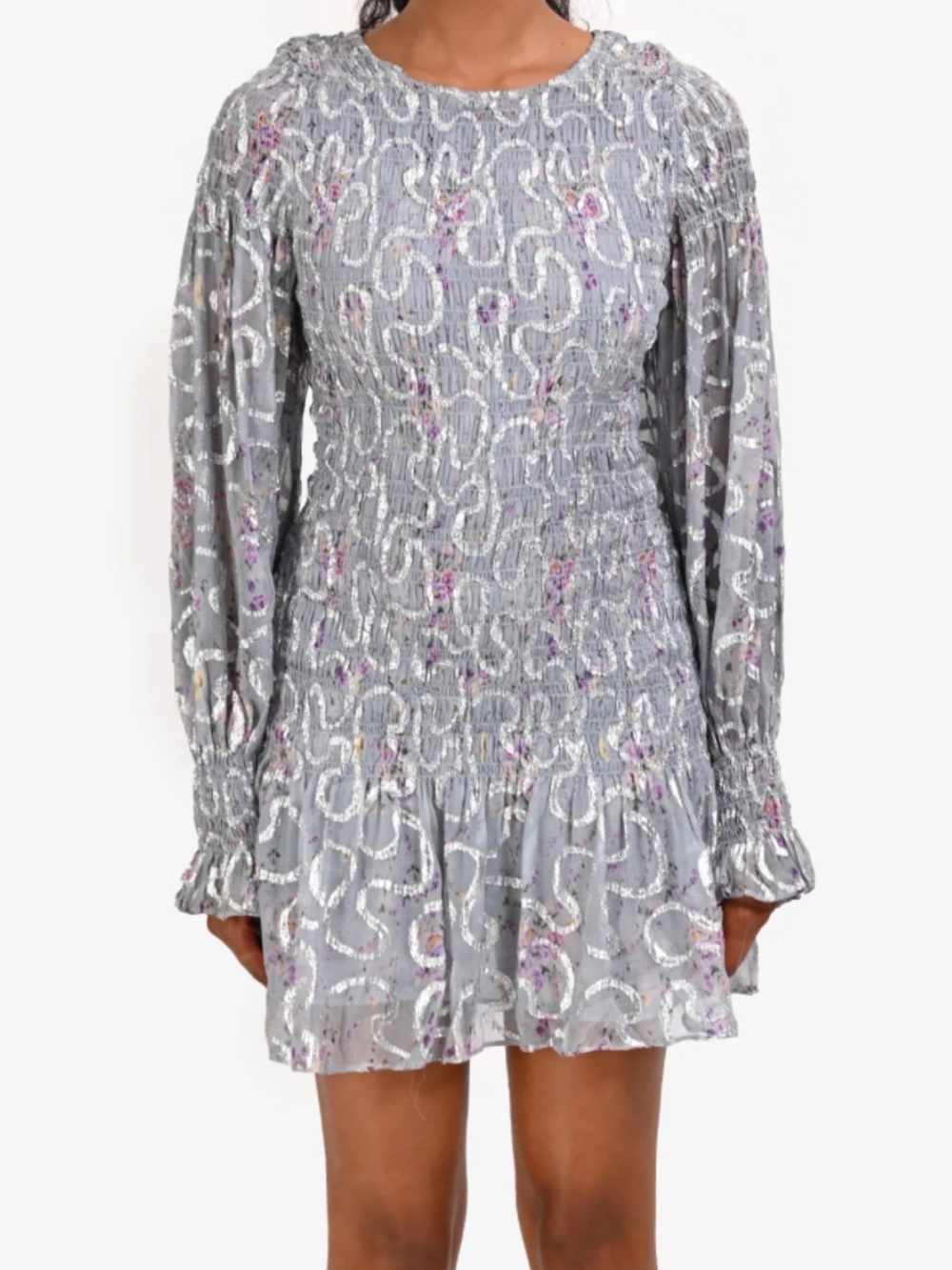 LoveShackFancy Gray Smocked Sequin Mini Dress